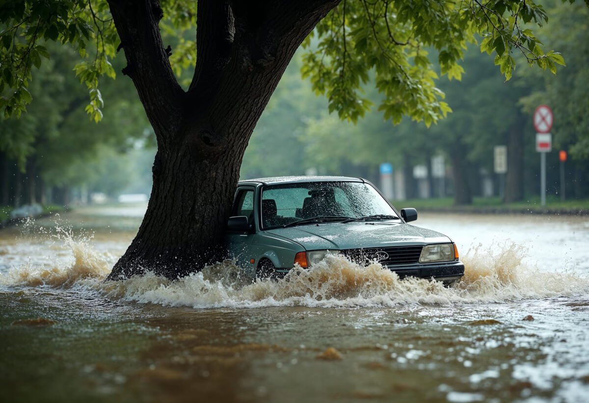 car driving through deep water after severe weather