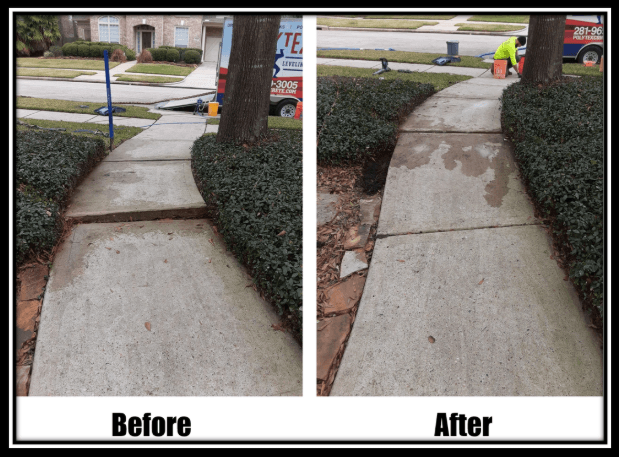 Sidewalk Before and After Uneven sidewalk before and after PolyTex Concrete Poly-Injection leveling services provided