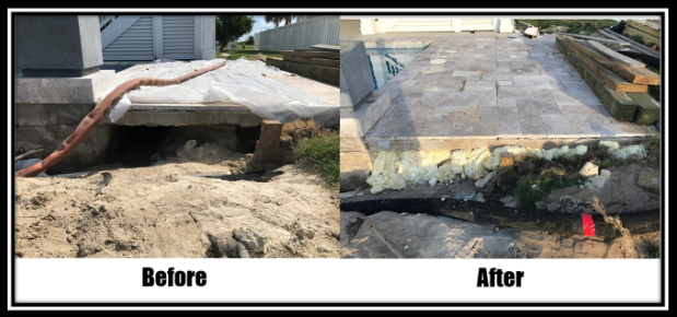 before and after photos of a patio being leveled by PolyTex Concrete