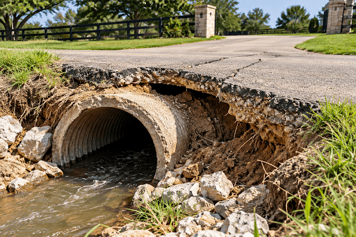 culvert underneath a road with washout and void from soil erosion